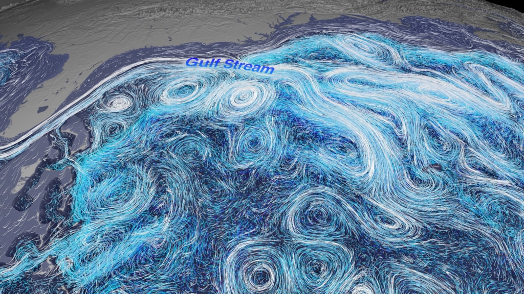 Ocean currents from the ECCO-2 model: starting underwater, then pulling back to see the Gulf Stream, pulling back farther revealing the Earth observing fleetThis video is also available on our YouTube channel.