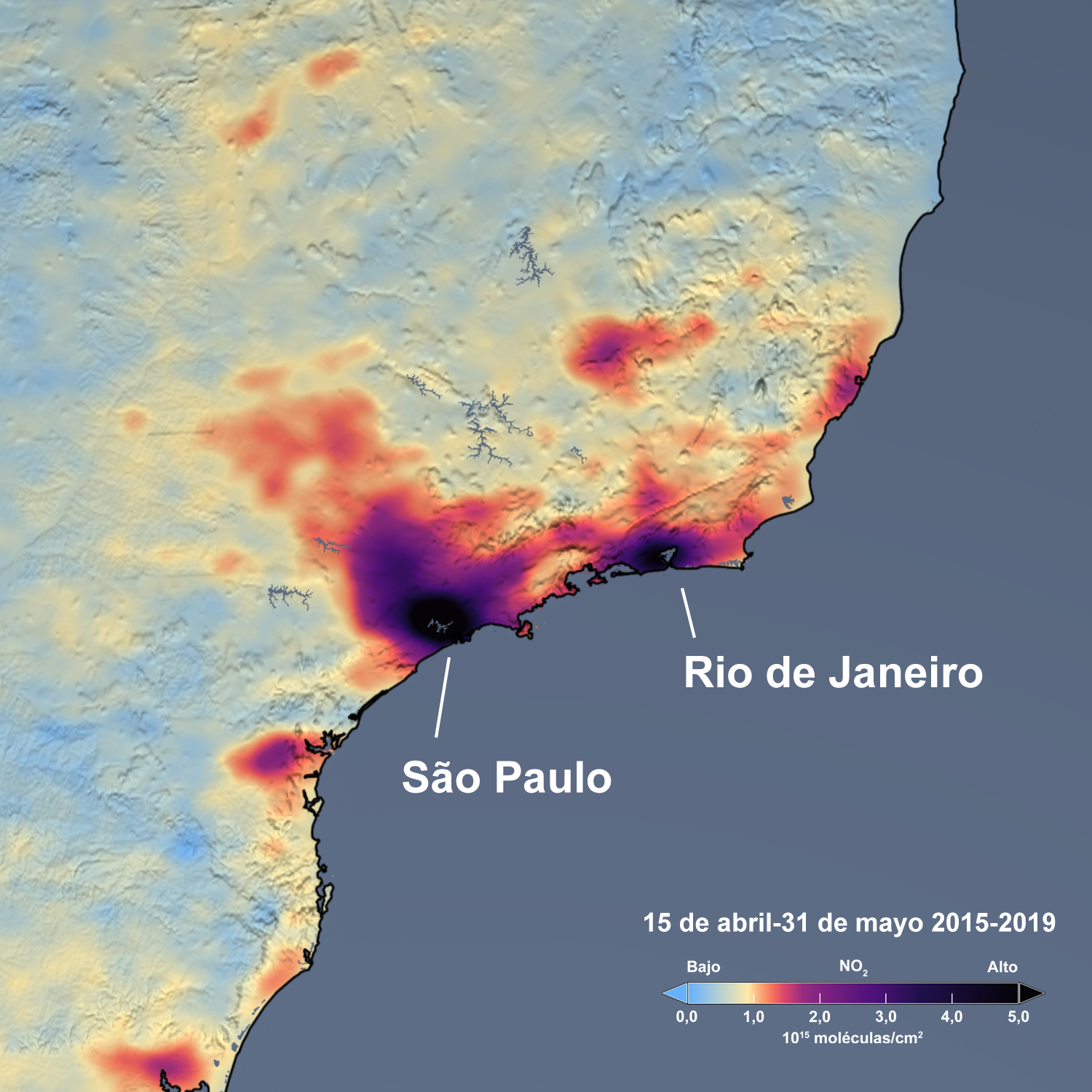 NO2, Rio de Janeiro and São Paulo, April 15-May 31 2015-2019, Spanish