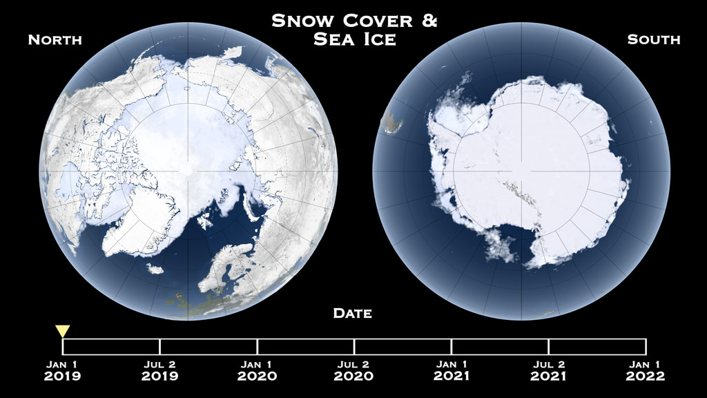 Visualization showing the changes in snow cover and sea ice with the seasons, for the years 2019-2021. 