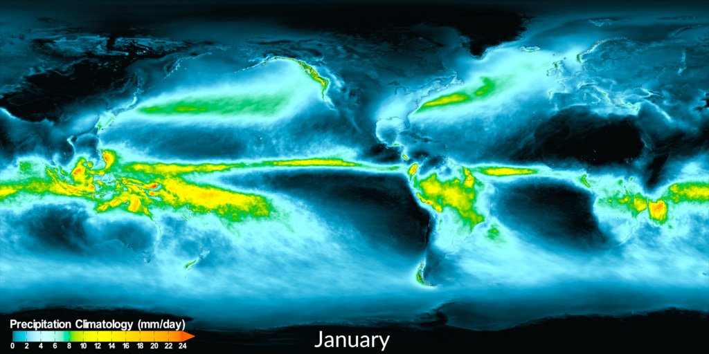 This data visualization cycles through the monthly precipitation averages (ie, climatology) as calculated from the 2001 to 2022 IMERG data. Both the colorbar and corresponding months are burned into this animation.