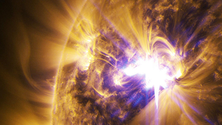 Cropped image of the Nov. 7, 2014 X1.6 flare, as seen by NASA's Solar Dynamics Observatory in a blend of 171 and 131 angstroms.  Credit: NASA/GSFC/SDO