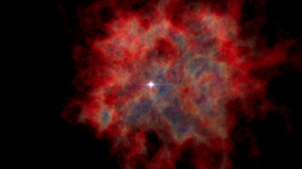 This animation shows a supernova from a distance and its expanding shell of matter.