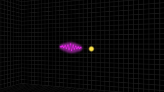 Inverse Compton scattering animation.  An electron travelling at close the the speed of light has a head-on collision with a lower-energy photon (from radio to ultraviolet).  The photon picks up energy from the electron and becomes a gamma ray.