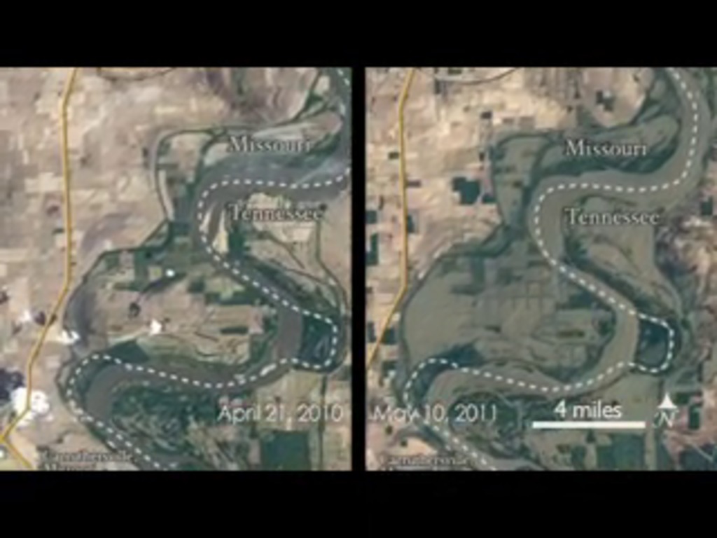 Satellite imagery of the 2011 flooding along the Mississippi River compared with imagery from 2010.  Shows high resolution images from Landsat 5 of Cairo, Illinois, and Memphis, Tennessee. To prevent flooding in Cairo, Illinois, the US Army Corps of Engineers blasted a two-mile hole in the levee to let the waters flow into the New Madrid Floodway.Near Memphis Tennessee, flood waters crested at 48 feet, only inches below the record high level of the 1937 floods.No narration, just music.