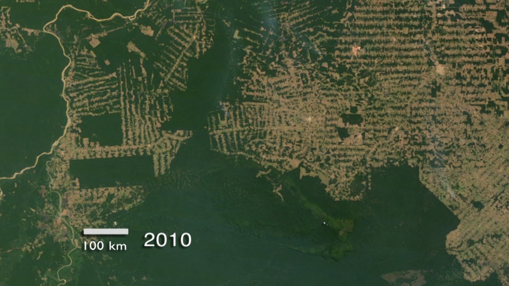 Timelapse of deforestation in the state of Rondonia in Brazil, from 2000-2010, as seen in MODIS data. 