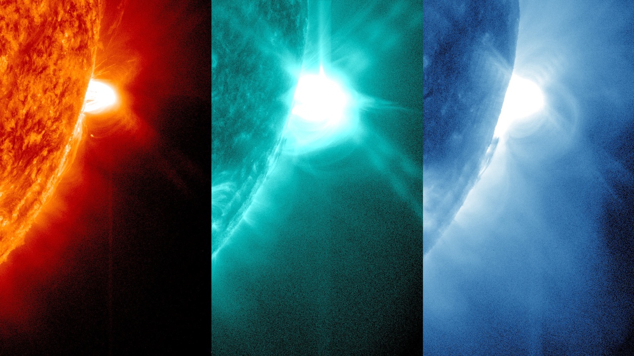 April 24, 2014 images of solar flares in three different views in 131, 304 and 171 angstorm recorded by NASA's Solar Dynamics Observatory