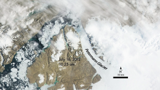 This time-lapse video shows the calving of an ice island from Greenland's Petermann Glacier and the drifting of the ice down the fjord and southward through Nares Strait. The images were captured between July 9 and September 13, 2012, by NASA's Terra and Aqua earth-observing satellites. This is the second time in three years that a city-sized hunk of ice has ripped off from the glacier.   For complete transcript, click  here .
