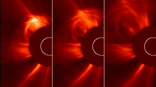 The ESA and NASA Solar Heliospheric Observatory (SOHO) captured these images of the sun spitting out a coronal mass ejection (CME) on March 15, 2013, from 3:24 to 4:00 a.m. EDT. This type of image is known as a coronagraph, since a disk is placed over the sun to better see the dimmer atmosphere around it, called the corona.  No Labels   Credit: ESA&NASA/SOHO