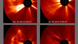 Coronal mass ejections were popping out from the Sun at a pace of two per day on average (Apr. 18-23, 2013). We counted ten CMEs for the five days, but some of the eruptions were complex and difficult to differentiate from one another. Almost all of them blew particles out to the left, most of them probably originating from the same active region. These were taken by the STEREO (Ahead) spacecraft's coronagraph, in which the black disk blocks the Sun (represented by the white circle) so that we can observe the fainter features beyond it. Credit: NASA/STEREO