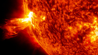 Video of prominence eruption showing a blend of 304 and 171 angstrom light imaged by the Solar Dynamics Observatory's AIA instrument.  Credit: NASA's Goddard Space Flight Center/SDO