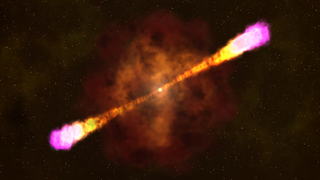 Gamma-ray bursts are the most luminous explosions in the cosmos. Astronomers think most occur when the core of a massive star runs out of nuclear fuel, collapses under its own weight, and forms a black hole. The black hole then drives jets of particles that drill all the way through the collapsing star at nearly the speed of light. Artist's rendering.  Credit: NASA's Goddard Space Flight Center