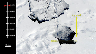 In early November 2013, a large iceberg separated from the front of Antarctica’s Pine Island Glacier. It thus began a journey across Pine Island Bay, a basin of the Amundsen Sea. The ice island, named B31, will likely be swept up soon in the swift currents of the Southern Ocean, though it will be hard to track visually for the next six months as Antarctica heads into winter darkness.   For complete transcript, click  here .
