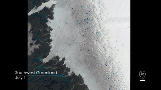 A view of Greenland's ice sheet from the NASA/USGS Landsat 8 satellite, narrated by Dr. Allen Pope.  The data enables Dr. Pope to measure the depth of the lakes that form on the surface every summer as the snow and ice melts.  The data in this image are from July 12, 2014, and shows the area just south of the Jakobshavn Glacier.    For complete transcript, click  here .  Watch this video on the  NASA Goddard YouTube channel .