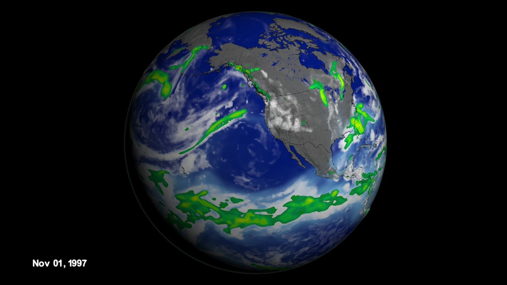 Data visualization of California landfalling atmospheric rivers during winter 1997/1998. Clouds, precipitation and water vapor layers are from the NASA MERRA dataset.