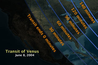 As sunrise spreads across the United States, Venus' transit will be visible for a limited amount of time.  This map shows how many minutes the transit will be visible for these areas.