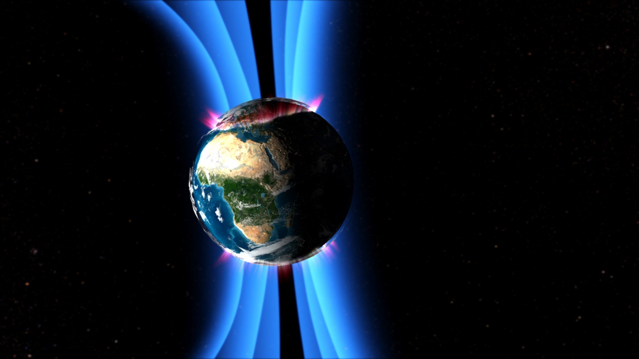 The plasma encountering the Earth's atmosphere, causing auroras.