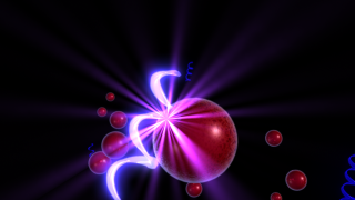 This animation shows a high-energy photon (blue coil) colliding with a free electron (red ball), which causes the release of a gamma-ray (purple flash). 