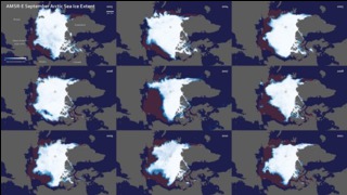 Montage of September sea ice minimum in the Arctic Ocean from 2003 to 2011.