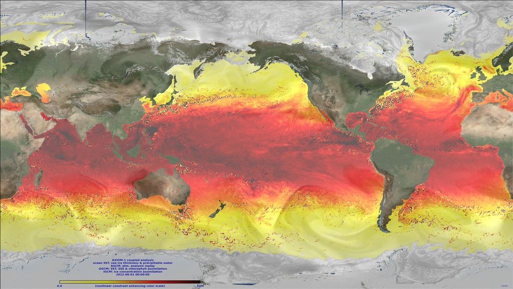 This animation shows sea surface temperature, ice thickness, and atmospheric precipitable water.