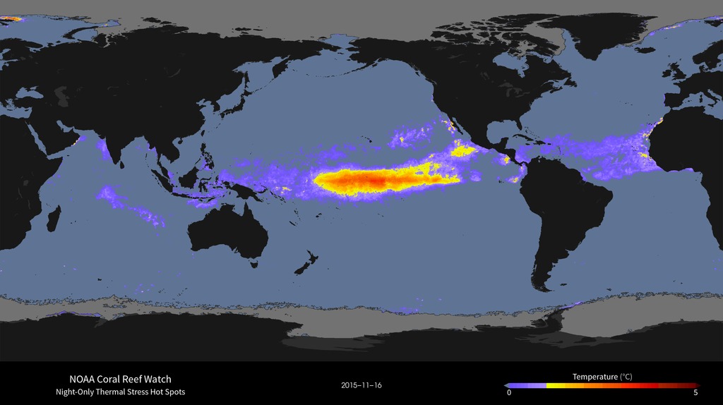 The NOAA Coral Reef Watch (CRW) daily 5-km Coral Bleaching HotSpot product presented here measures occurrence and magnitude of instantaneous thermal stress, potentially resulting in coral bleaching. The scale goes from 0 to 5 °C. HotSpot values of 1 °C or more indicate thermal stress leading to coral bleaching and are highlighted in yellow to dark red/brown colors. 