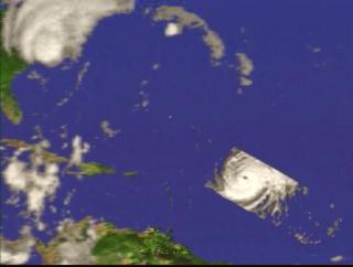 A fly-in to Hurricane Gert on September 16, 1999, showing the three-dimensional structure of the precipitation as measured by the Precipitation Radar instrument on TRMM.  In this animation, a surface of constant precipitation is colored by the value of the precipitation on the ground under the surface.  The global cloud cover data was measured by GOES.