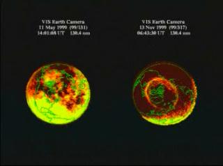 A comparison of images of the aurora over the North Pole on May 11, 1999, when there was no solar wind, and November 13, 1999, during normal solar wind conditions.