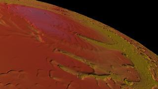 A close view of the topography of the south pole of Mars shown colored by elevation
