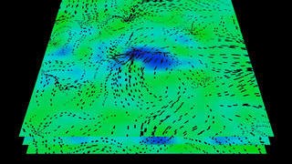 Temperature anomalies (color) and flow directions at the solar surface.  The darker blue region corresponds to the sunspot itself.
