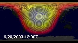 This animation shows the solar radiance on the Earth
at noon on the Greenwich meriidian for June 20, 2003 through June 19, 2004
as calculated from measurements made by the TIM instrument on SORCE.This product is available through our Web Map Service.