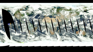 This animation shows the Aqua satellite orbiting the Earth on August 27, 2005 by revealing MODIS true-color imagery for that day.  This animation is on a cartesian map projection, so the satellite will look accurate only when the animation is wrapped on a sphere.This product is available through our Web Map Service.