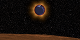 With the lunar horizon in the foreground, the Earth passes in front of the Sun, revealing the red ring of sunrises and sunsets along the limb of the Earth. The 