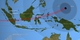 The animated shadow path of the March 9, 2016 total solar eclipse, showing the umbra (black oval), penumbra (concentric shaded ovals), and path of totality (red) through Indonesia and the western Pacific.