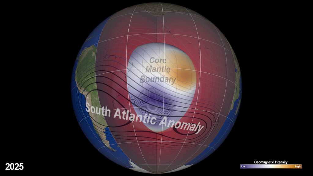 South Atlantic Anomaly from 2015 through 2025 showing the geomagnetic intensity at the Earth's surface and the core-mantle boundary. There are versions that include the dates and colorbars and versions without the date and colorbat.This video is also available on our YouTube channel.