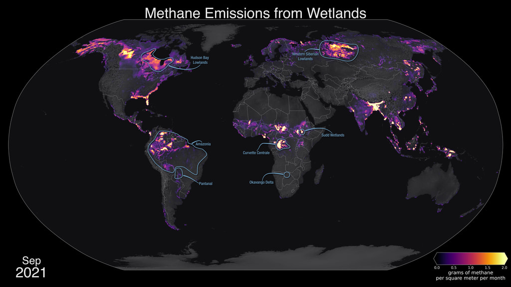 Methane emissions from wetlands for the years 1980-2021with significant wetlands highlighted.