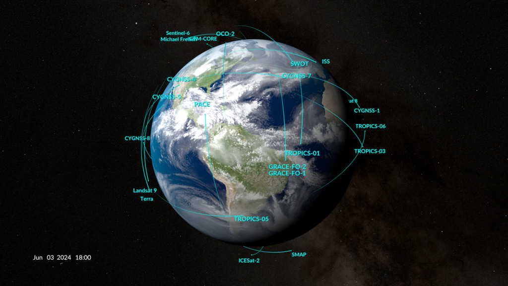 A current view of NASA's Earth observing fleet. This image is updated every 10 minutes. Time shown in UTC. 