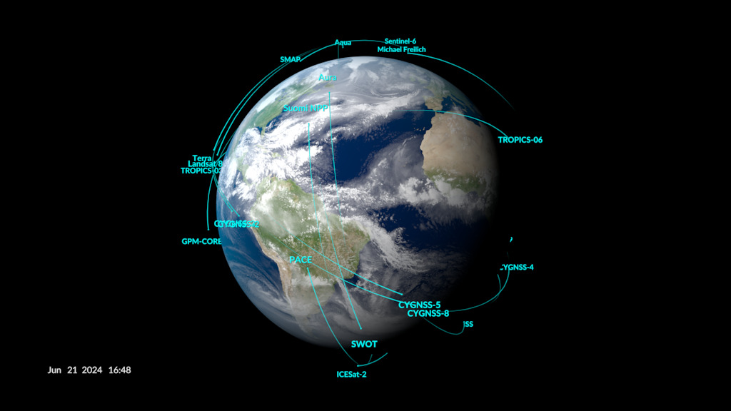 An animated view of NASA's Earth observing fleet, as it looks today. This 30 second visualization is updated once per day.  Time shown in UTC.  This version has no star background. 