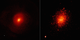 A simulation of two colliding galaxies (left) shows how their coalescing supermassive black holes can launch the resulting larger black hole (dot, lower left) on a wide orbit. Right: Compare the simulation with this Keck II near-infrared image of Markarian 177 and SDSS1133 (lower left).   Credit: Simulation, L. Blecha (UMD); image, W. M. Keck Observatory/M. Koss (ETH Zurich) et al.
