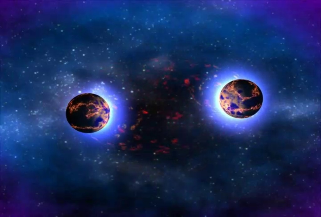 This animation shows the merger of two neutron stars from a horizontal perspective.  Theory predicts that these kinds of collisions would not produce a long afterglow because there isn't much "fuel" — dust and gas — from the objects and in the region to sustain an afterglow