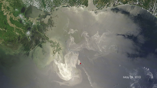 This short video reveals a space-based view of the burning oil rig (from the MODIS instrument on board NASA's Terra and Aqua satellites) and, later, the ensuing oil spill through May 24, 2010. The oil slick appears grayish-beige in the images and changes due to changing weather, ocean currents, and the use of oil dispersing chemicals. Images in the video time series were selected that show the spill most clearly.     For complete transcript, click  here .