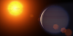 Artist's interpretation of what the exoplanet, flare, and atmosphere loss might have looked like.