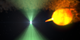 This animation illustrates one possible model for the dramatic changes observed from J1023. The two stars of AY Sextantis orbit closely enough that a stream of gas flows from the sun-like star toward the pulsar. The pulsar's rapid rotation and intense magnetic field produce both the radio beam and the high-energy wind, which is eroding its companion. When the radio beam (green) is detectable, the pulsar wind holds back the companion's gas stream, preventing it from approaching too closely. Now and then the stream surges, reaches toward the pulsar and establishes an accretion disk. Processes involved in producing the radio beam are either shut down or, more likely, obscured. Meanwhile, some of the gas falling toward the pulsar may be accelerated outward at nearly the speed of light, forming dual particle jets firing in opposite directions. Shock waves within and along the periphery of these jets are a likely source of the bright gamma-ray emission (magenta) detected by NASA's Fermi Gamma-ray Space Telescope.  Credit: NASA's Goddard Space Flight Center