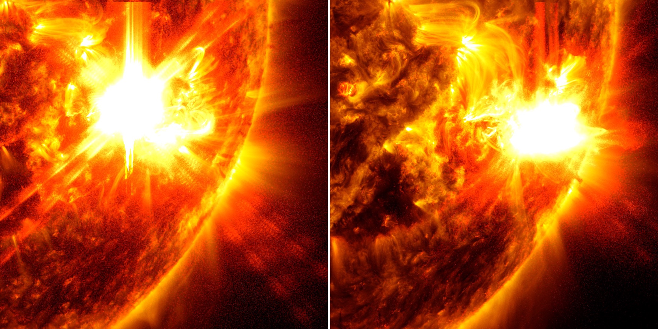 NASA’s Solar Dynamics Observatory captured images of the two solar flares on May 10 and May 11, 2024. The flares are classified as X5.8 and X1.5-class flares, respectively. The image shows a subset of extreme ultraviolet light that highlights the extremely hot material in flares created from a mixture of SDO’s AIA 193, 171 and 131 channels.  Available with EDT and UTC time labels as well as unlabeled.Credit: NASA/SDO