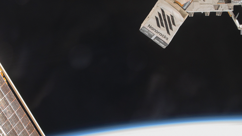 This time-lapse video, taken from the International Space Station, shows BurstCube and SNOOPI (Signals of Opportunity P-band Investigation) entering low-Earth orbit on April 18, 2024. BurstCube emerges first from the white deployer labeled “Nanoracks,” followed by SNOOPI. They begin to separate as they sail past one of the station’s solar arrays.
Credit: NASA/Matthew Dominick
Alt text: Time-lapse video of BurstCube and SNOOPI deployment.
Descriptive text: This time-lapse video strings together photos taken from the International Space Station. Two black and gold boxes emerge from a larger white box labeled “Nanoracks.” They’re very close, but separate as they zoom past two long, rectangular, gold-and-black panels. Earth is in the background, a blue sky streaked with white clouds. The timelapse animation is a little choppy.