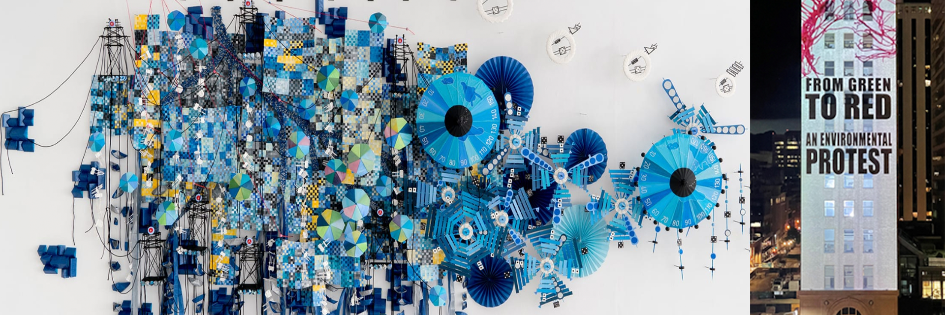 Two pictures displayed side-by-side. The left picture shows an art installation of a large amount of primarily blue and yellow items arranged chaotically on a white wall. The right picture shows an image projected onto the side of a building. In large text, it says 'FROM GREEN TO RED' and 'AN ENVIRONMENTAL PROTEST'. Above the text, there are images of what appear to be blood vessels.