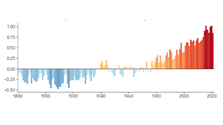 The years from 1880 to 1939 tend to be cooler, then level off by the 1950s. Decades within the base period (1951-1980) do not appear particularly warm or cold because they are the standard against which other years are measured.