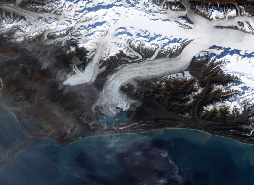 Like many glaciers around the world, the Bering glacier in Alaska is retreating. It is the largest and longest glacier in continental North America, with an area of approximately 5,200 square kilometers (2000 square miles), and comprises 6 percent of the total glacier-covered area of Alaska. Warmer temperatures and changes in precipitation over the past century have thinned the Bering Glacier by several hundred meters; since 1900 the terminus, which can be seen in the lower right of this image, has retreated as much as 12 km (7.5 miles). Melting glaciers contribute to sea level rise, could endanger freshwater supplies in countries downstream of the Himalayas and elsewhere, and can even cause earthquakes, as they have in this region.

True-color image taken by the Enhanced Thematic Mapper plus (ETM+) instrument aboard the USGS/NASA Landsat-7 satellite on September 29, 2002.
Credit: Landsat-7, NASA/USGS.