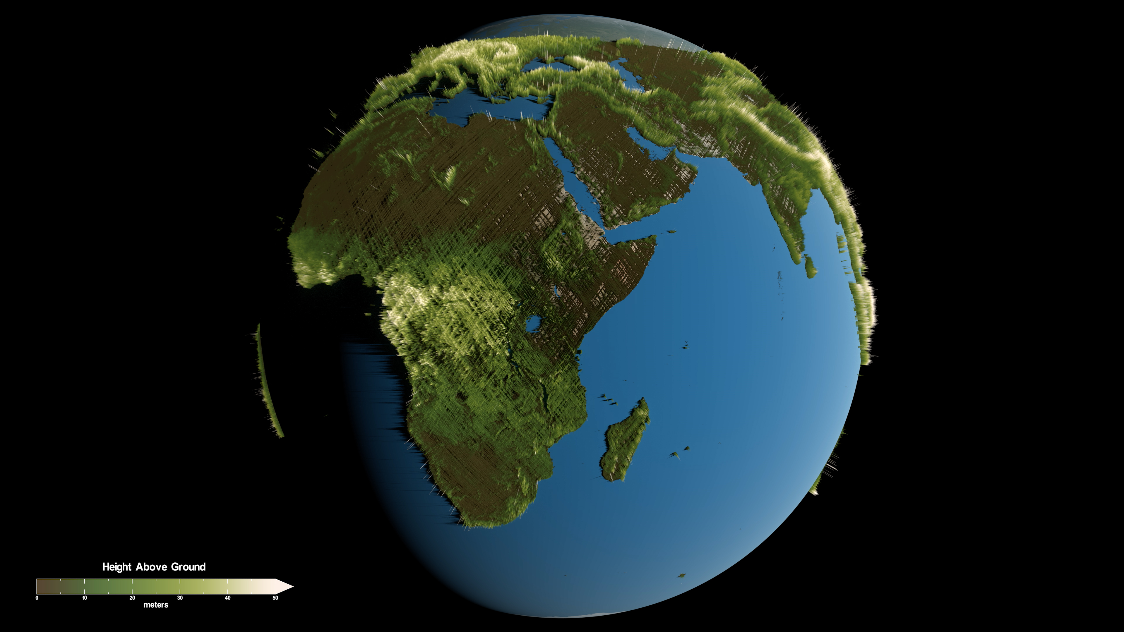 A 3D rendering of the earth facing Africa. A large number of green, white, and yellow lines are radiating out from the Earth's
										surface such that it looks like hair