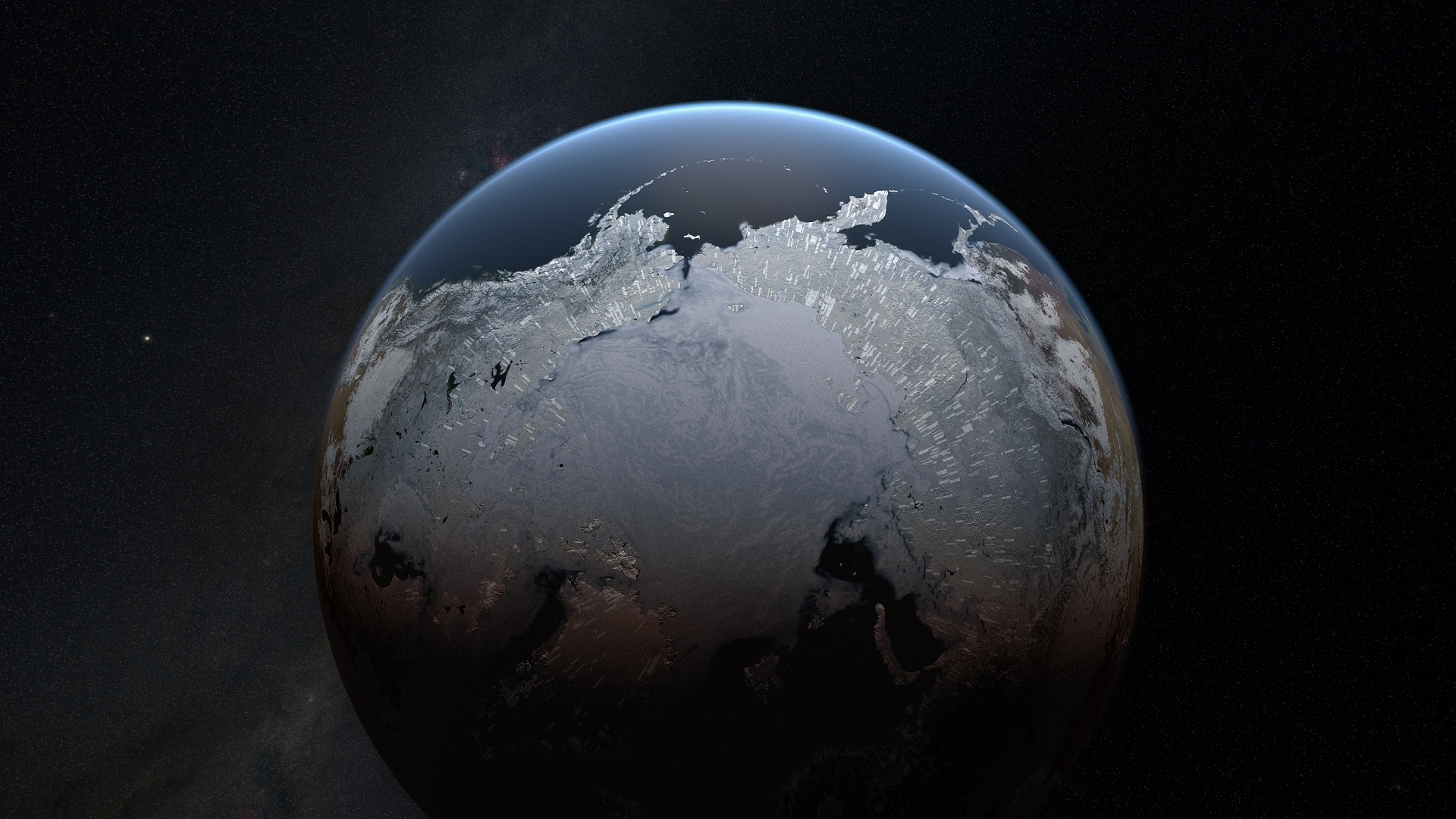 A 3D rendering of the Earth, facing downwards at the Arctic Circle. A large field of stars appears in the background