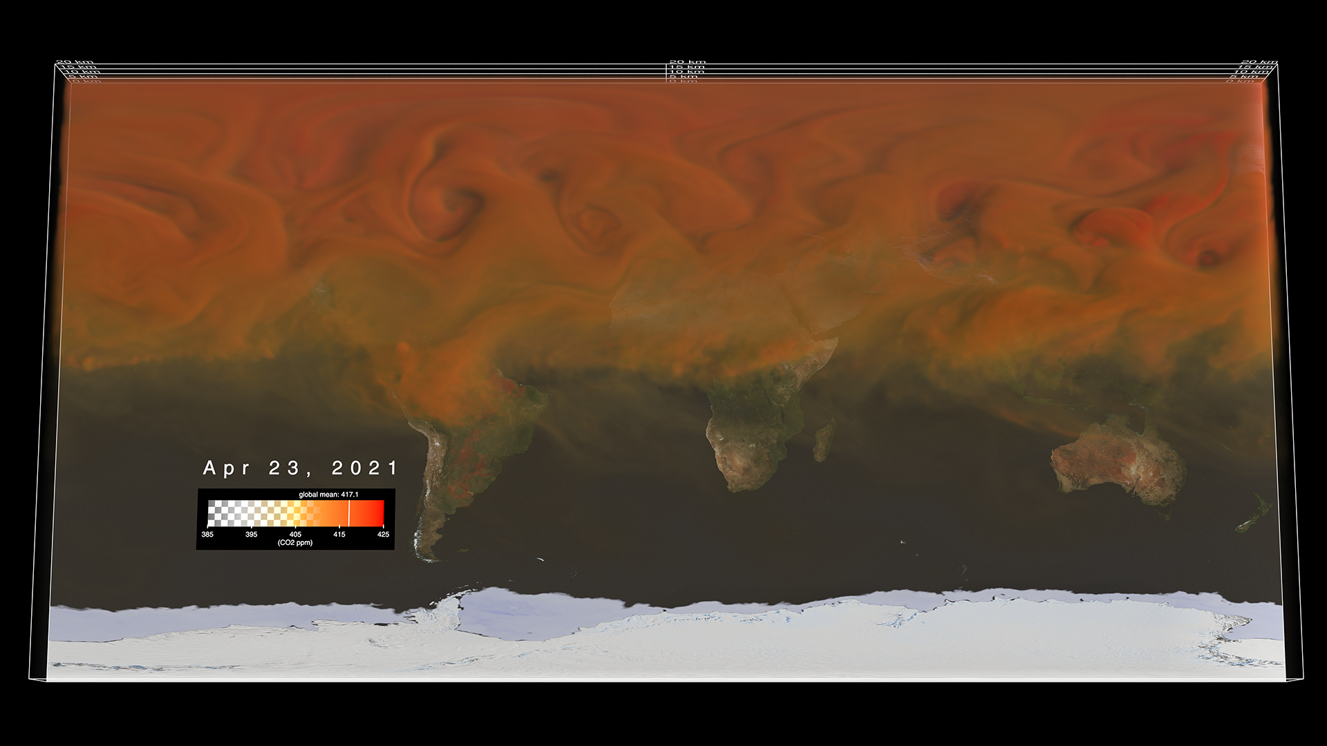 A map of the Earth covered in dark orange, brown, and yellow smog.