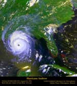 This is an overhead view of Hurricane Andrew as it approaches Louisiana on August 25, 1992 at 20:20 UT. 